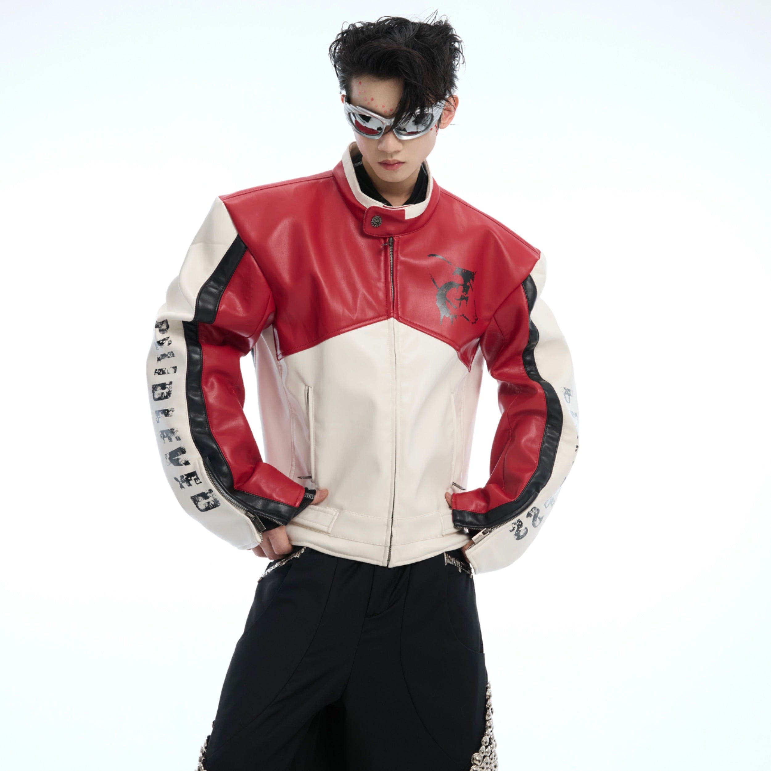 Front view of biker jacket showing stand collar design and multiple zipper pockets