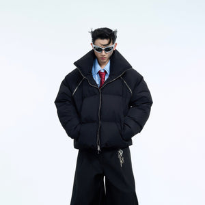 Short puffer jacket worn in different configurations demonstrating its multi-way wear functionality