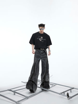 Side angle view showing stretch cotton fabric and distressed shoulder details of graphic tee
