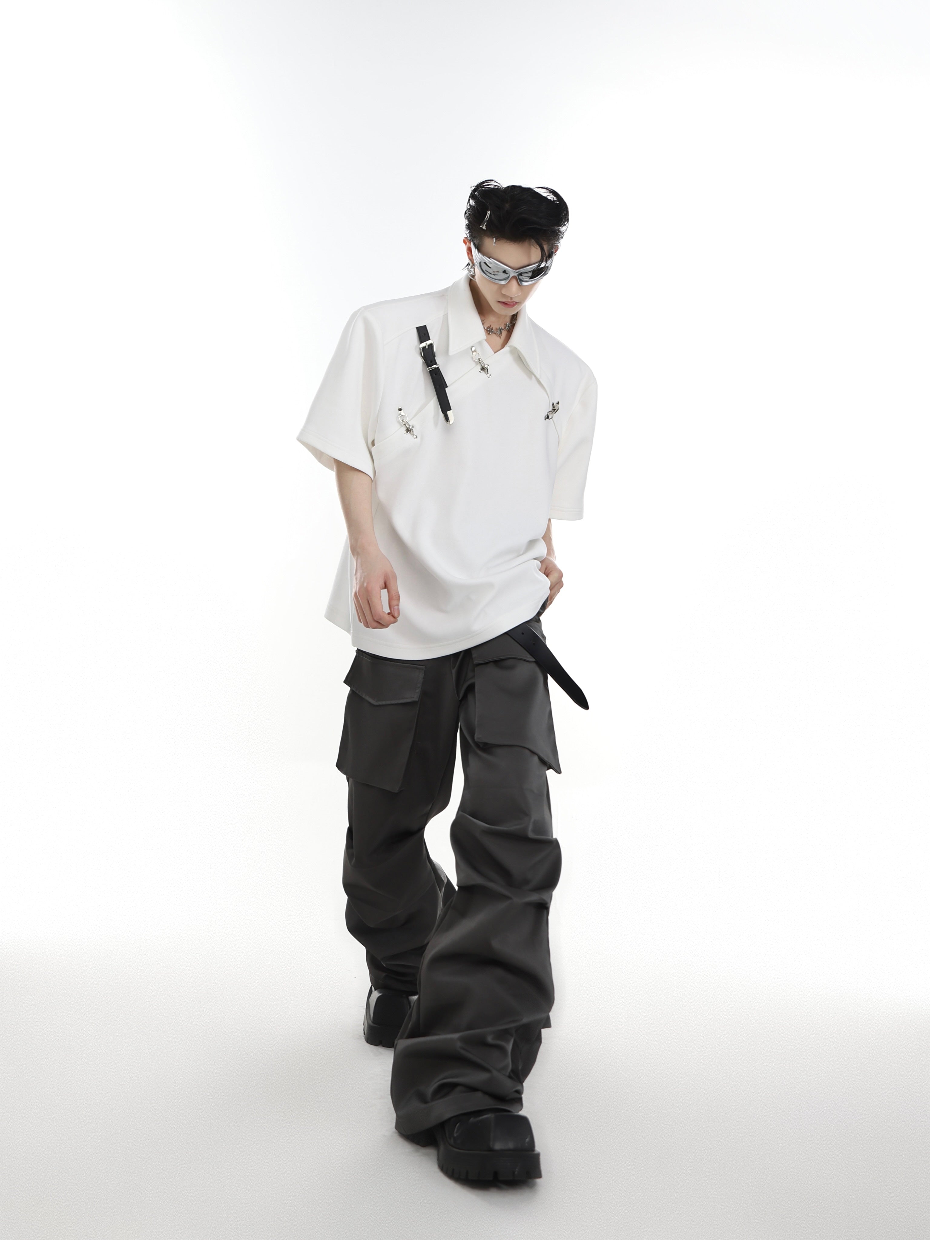Back view of the deconstructed polo shirt showing complete streetwear design