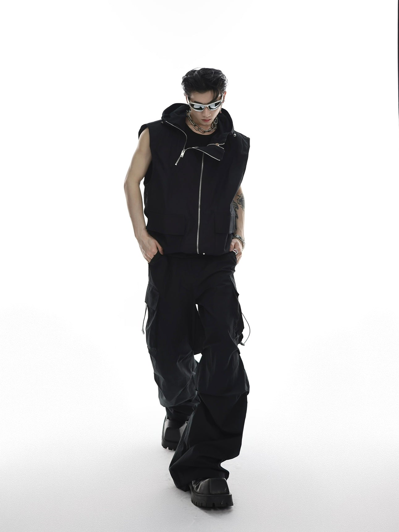 Urban utility cargo jumpsuit set featuring post-modern ruin aesthetics and deconstructed design