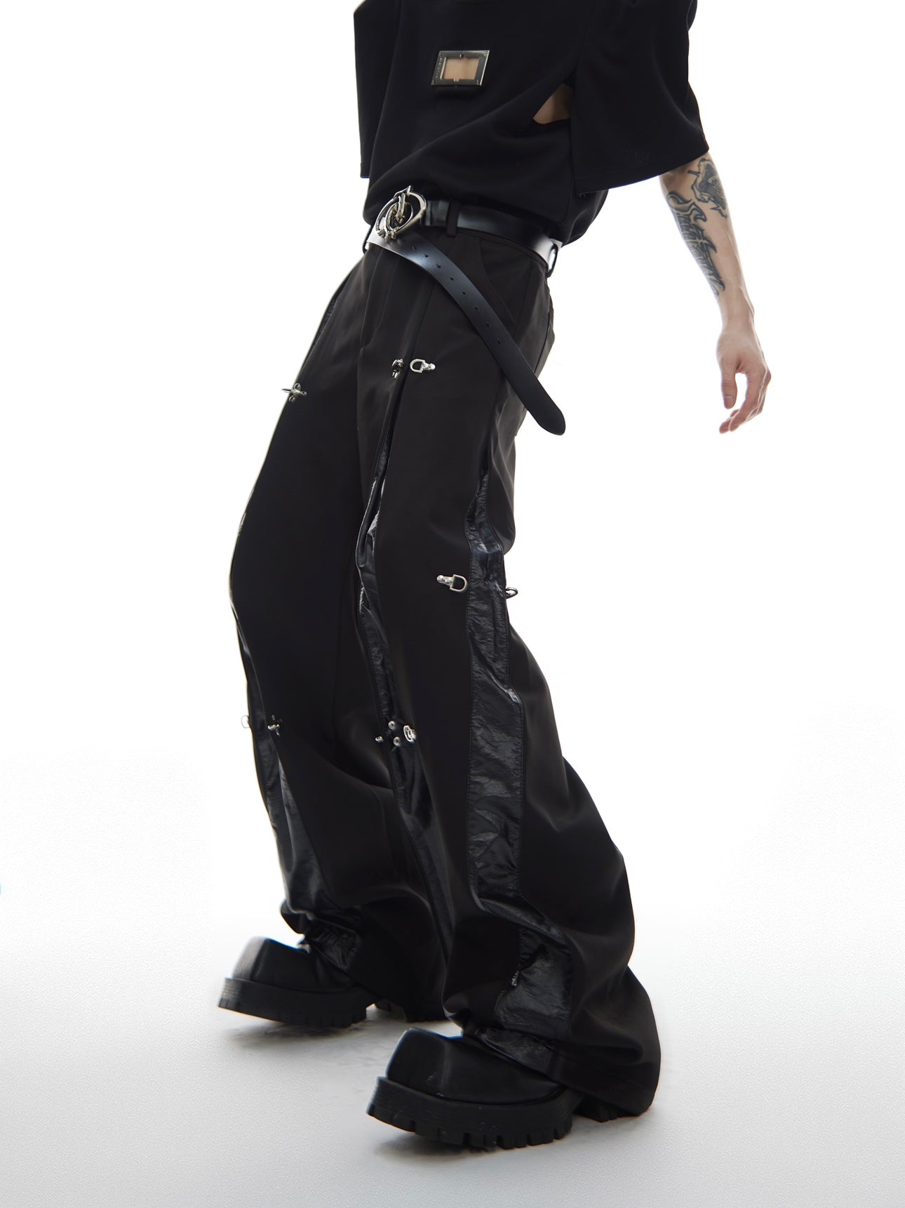 Side view highlighting the functional pocket design of these edgy straight leg cargo pants