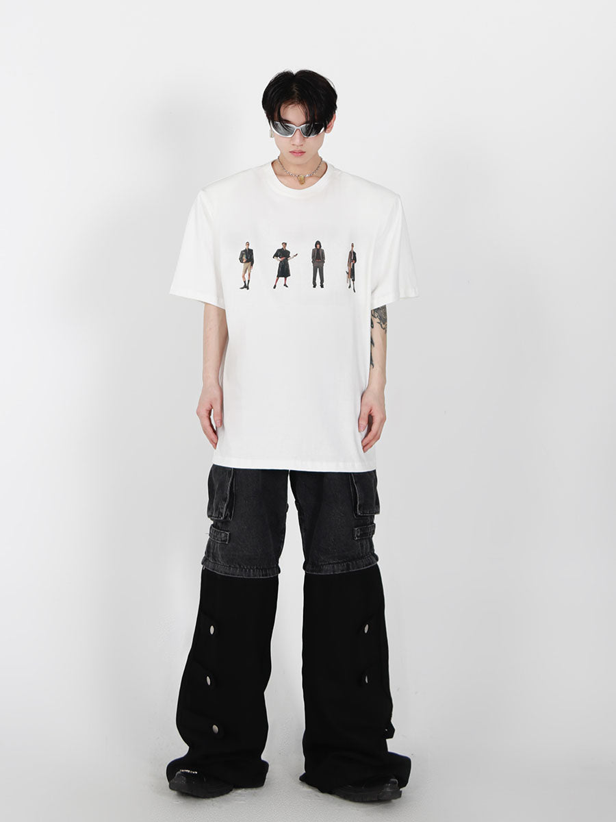 Back view of the graphic t-shirt featuring bold character prints and drop shoulder design