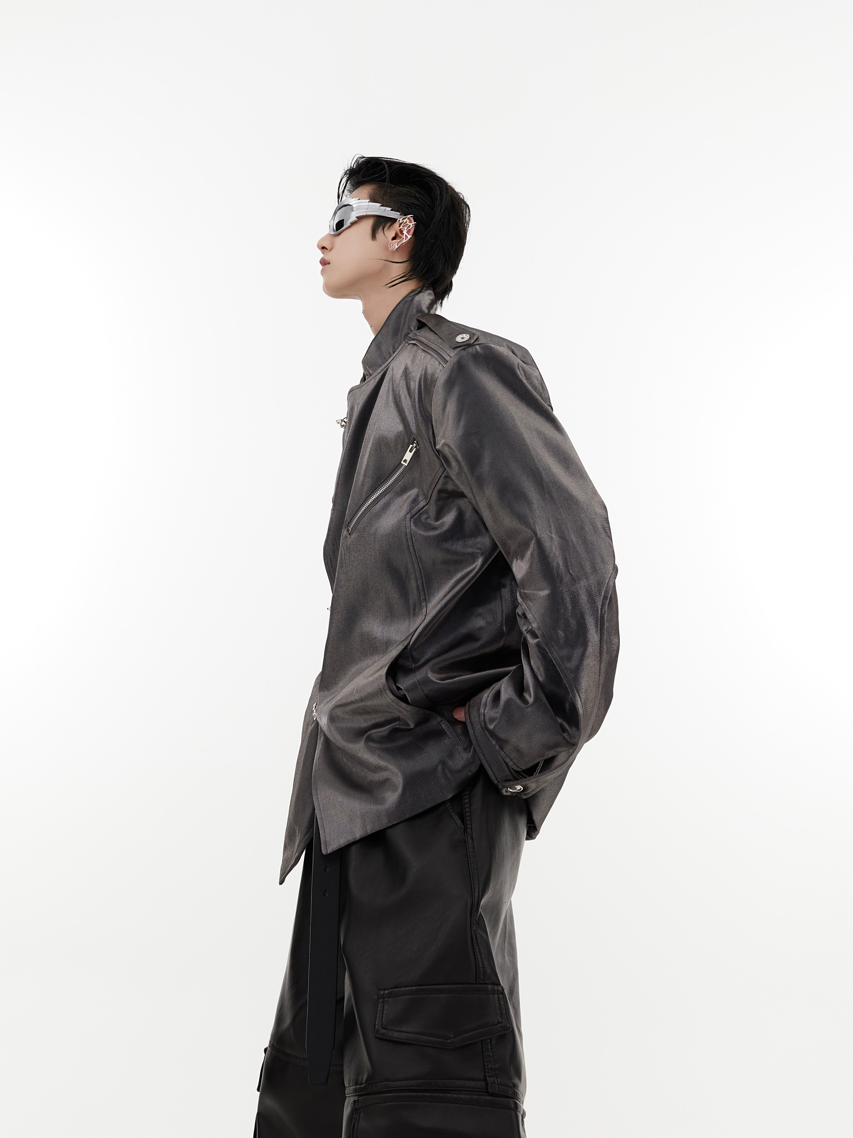 Side profile of modern Chinese-style bomber jacket featuring minimalist streetwear design with East-meets-West aesthetic