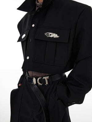 Side view showing the flattering crop cut silhouette and functional oversized pockets of this stylish jacket