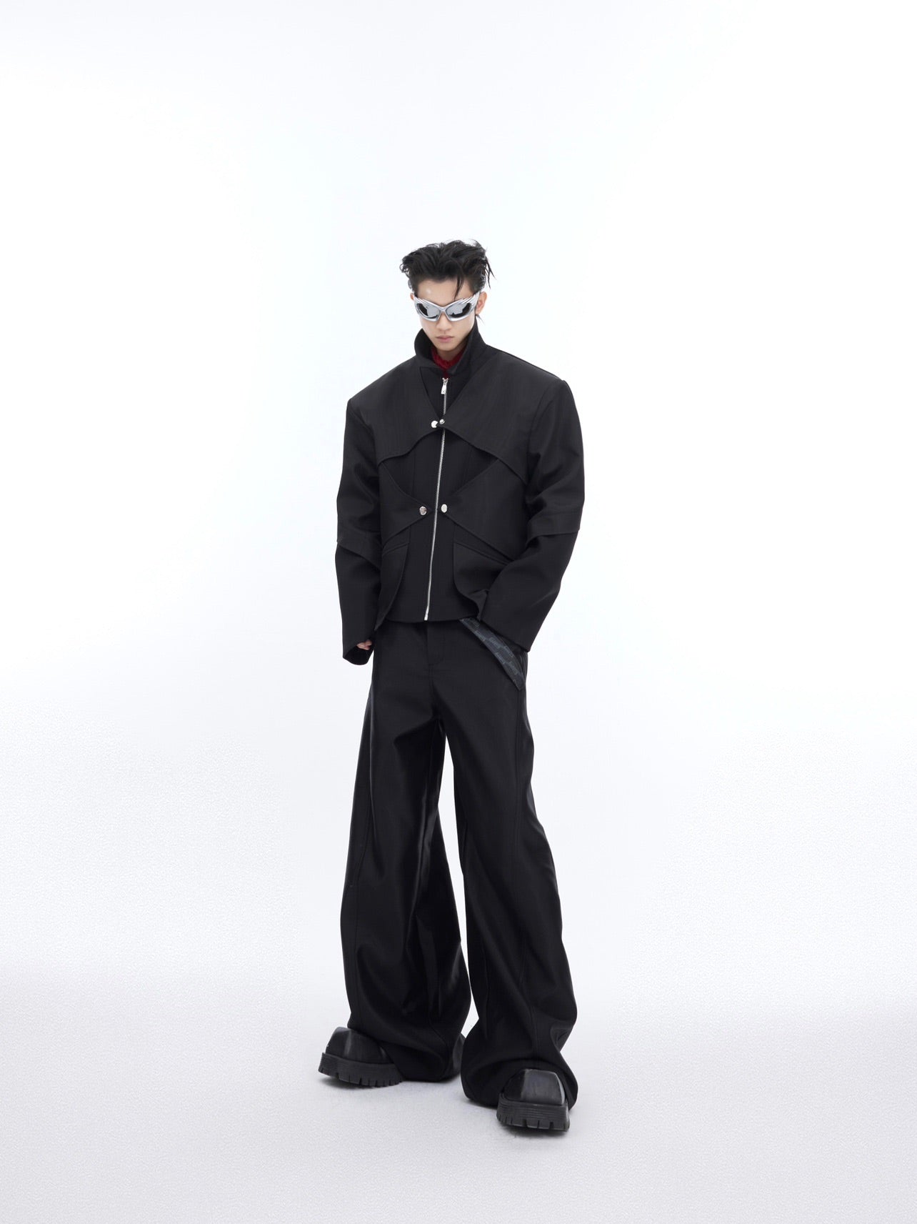 Model wearing the liquid-metal shiny cropped jacket demonstrating perfect streetwear styling