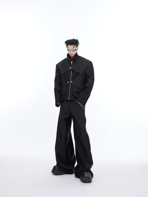 Model wearing the liquid-metal shiny cropped jacket demonstrating perfect streetwear styling