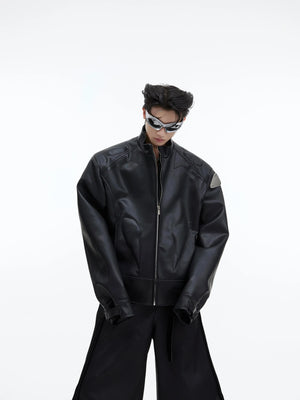 Cropped PU leather jacket with edgy 3D triangular metal accents, perfect for streetwear fashion