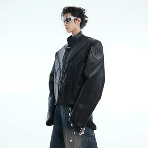 Deconstructed biker jacket with striking 3D relief detailing, showcasing edgy cyberpunk streetwear style