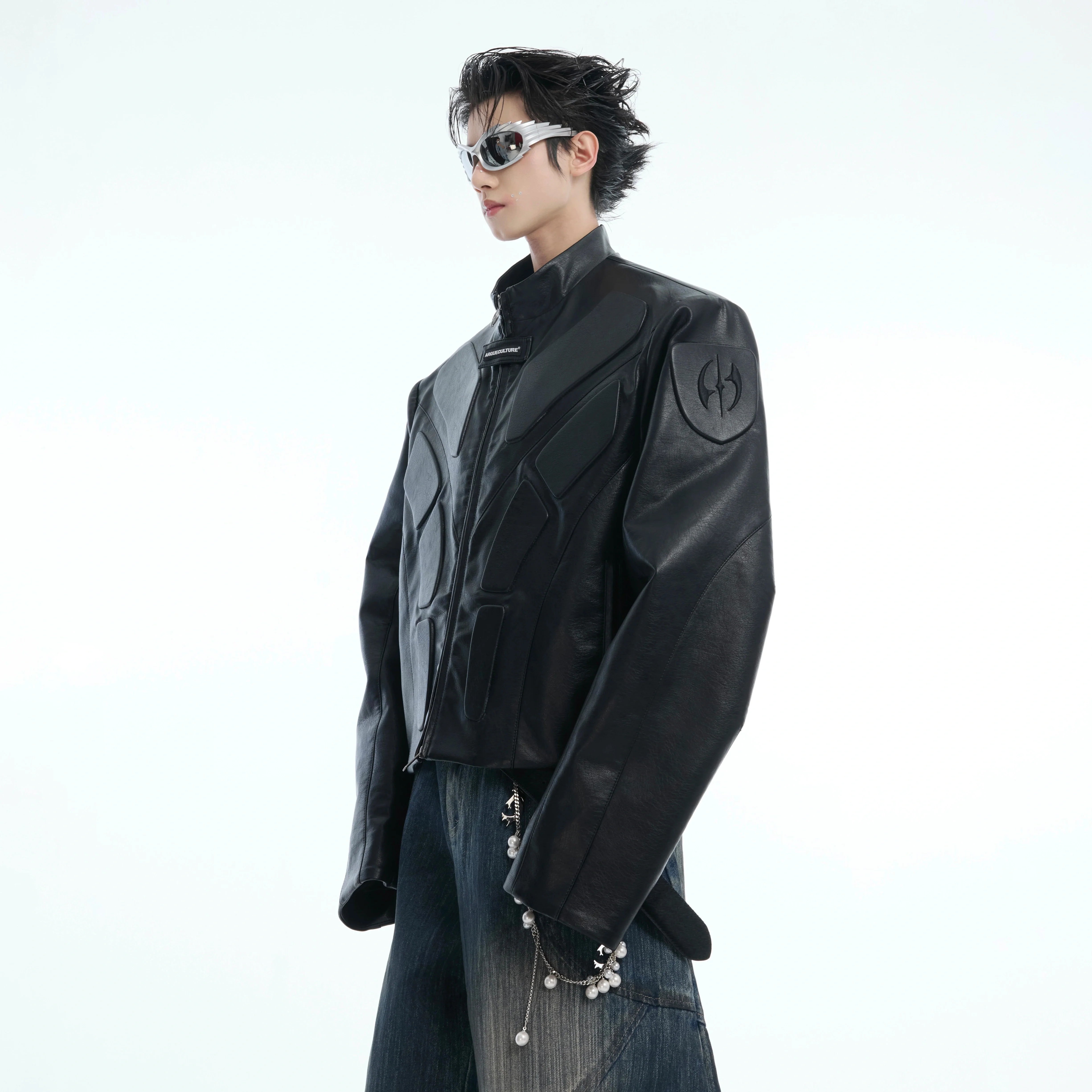 Deconstructed biker jacket with striking 3D relief detailing, showcasing edgy cyberpunk streetwear style