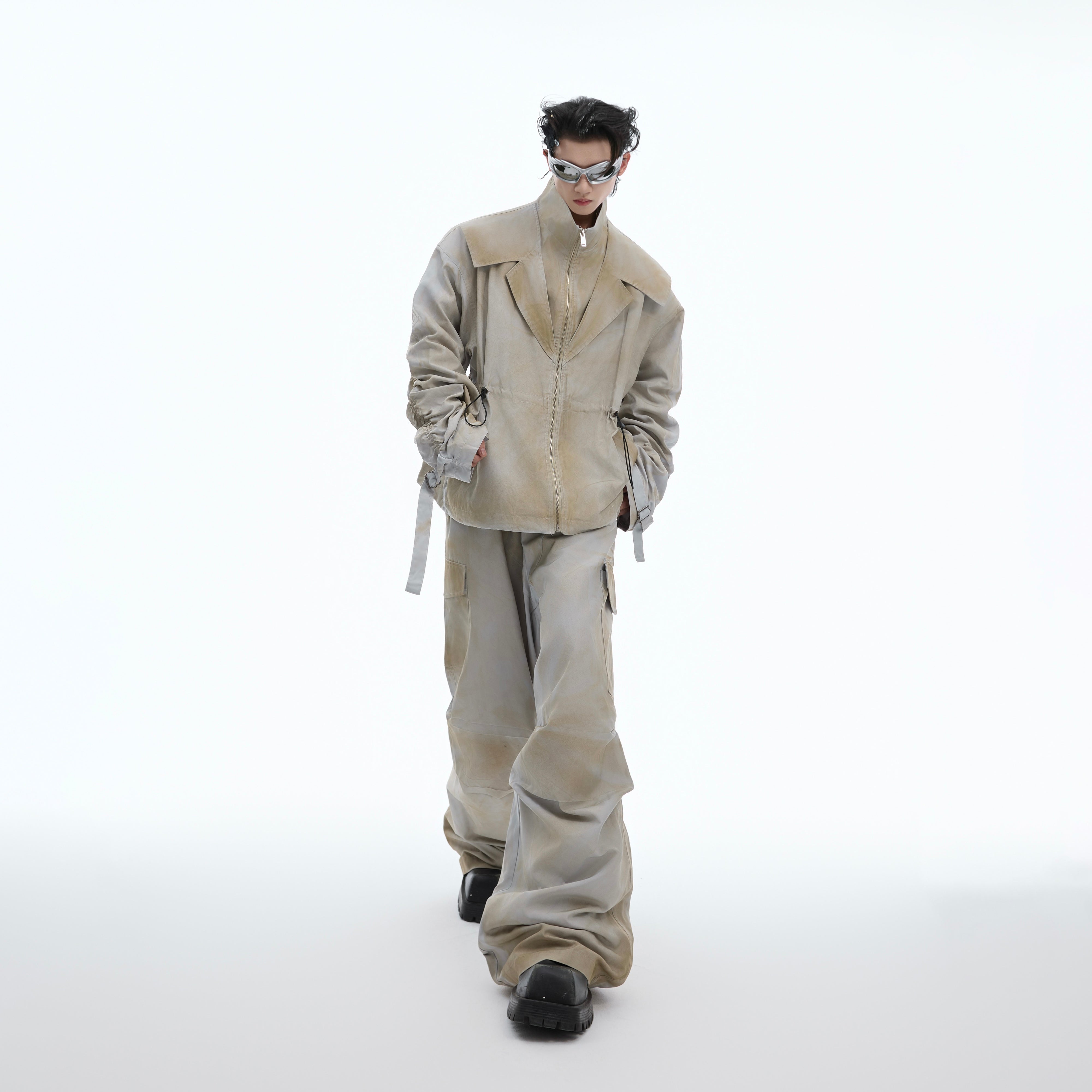 Deconstructed cargo set featuring custom distressed ombré dye on premium nylon fabric, street-ready utility wear