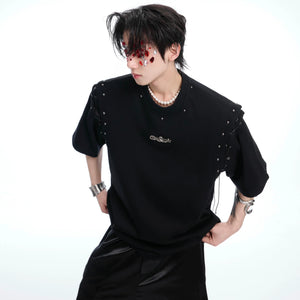 Deconstructed short-sleeve crop tee with edgy snake wrap metal details and lace-up front design