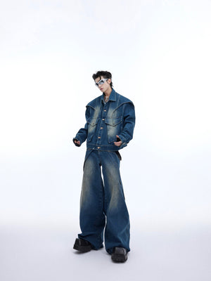 Cropped deconstructed denim jacket with raw edges and vintage wash for edgy streetwear look