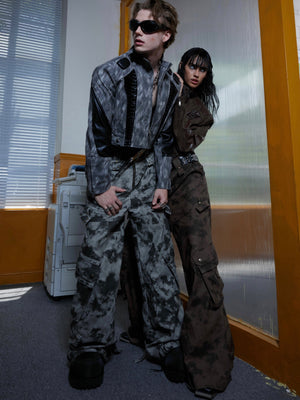 Deconstructed desert overalls with irregular silhouette and splash-ink detailing for unconventional streetwear fashion
