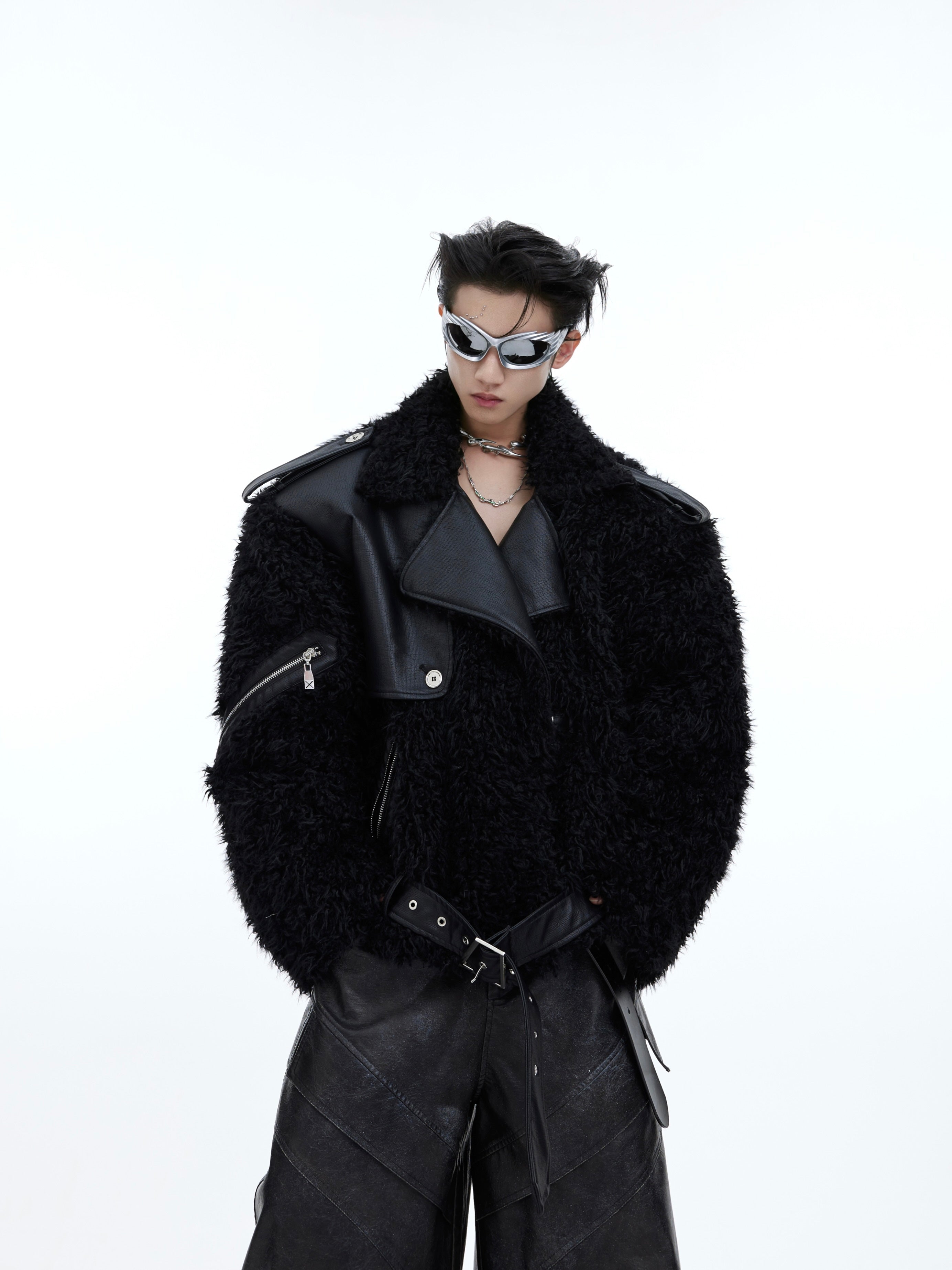 Deconstructed faux fur cropped jacket with patchwork design, showcasing avant-garde winter streetwear style