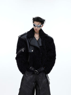 Deconstructed faux fur cropped jacket with patchwork design, showcasing avant-garde winter streetwear style