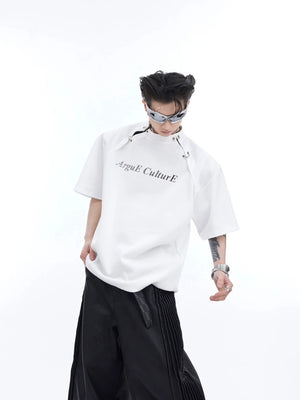 Front view of deconstructed graphic tee with avant-garde cutout design and bold color blocking for streetwear fashion