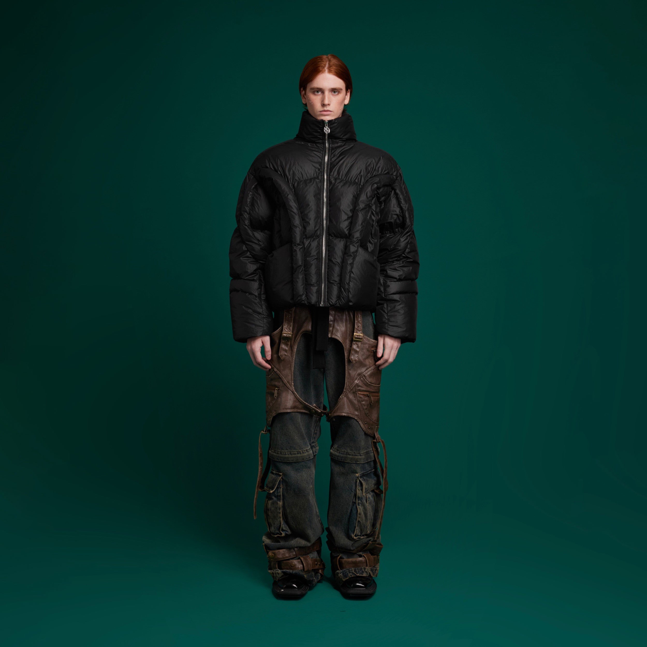 Close-up detail of premium craftsmanship on this oversized puffer jacket for men