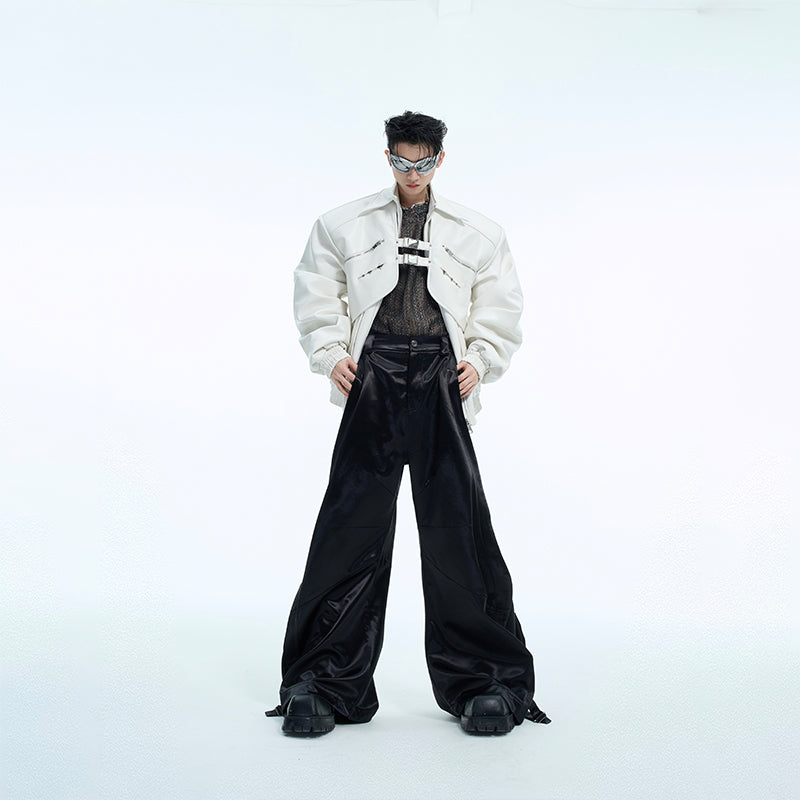 Back view of fashion-forward biker jacket with deconstructed panels and premium PU leather