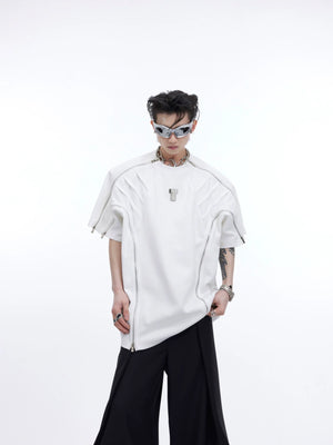 Front view of deconstructed oversized tee with metal zip detailing and textured fabric, showcasing urban streetwear style