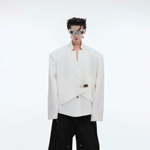 Front view of deconstructed metallic-button blazer with glitter detailing and oversized fit for streetwear style