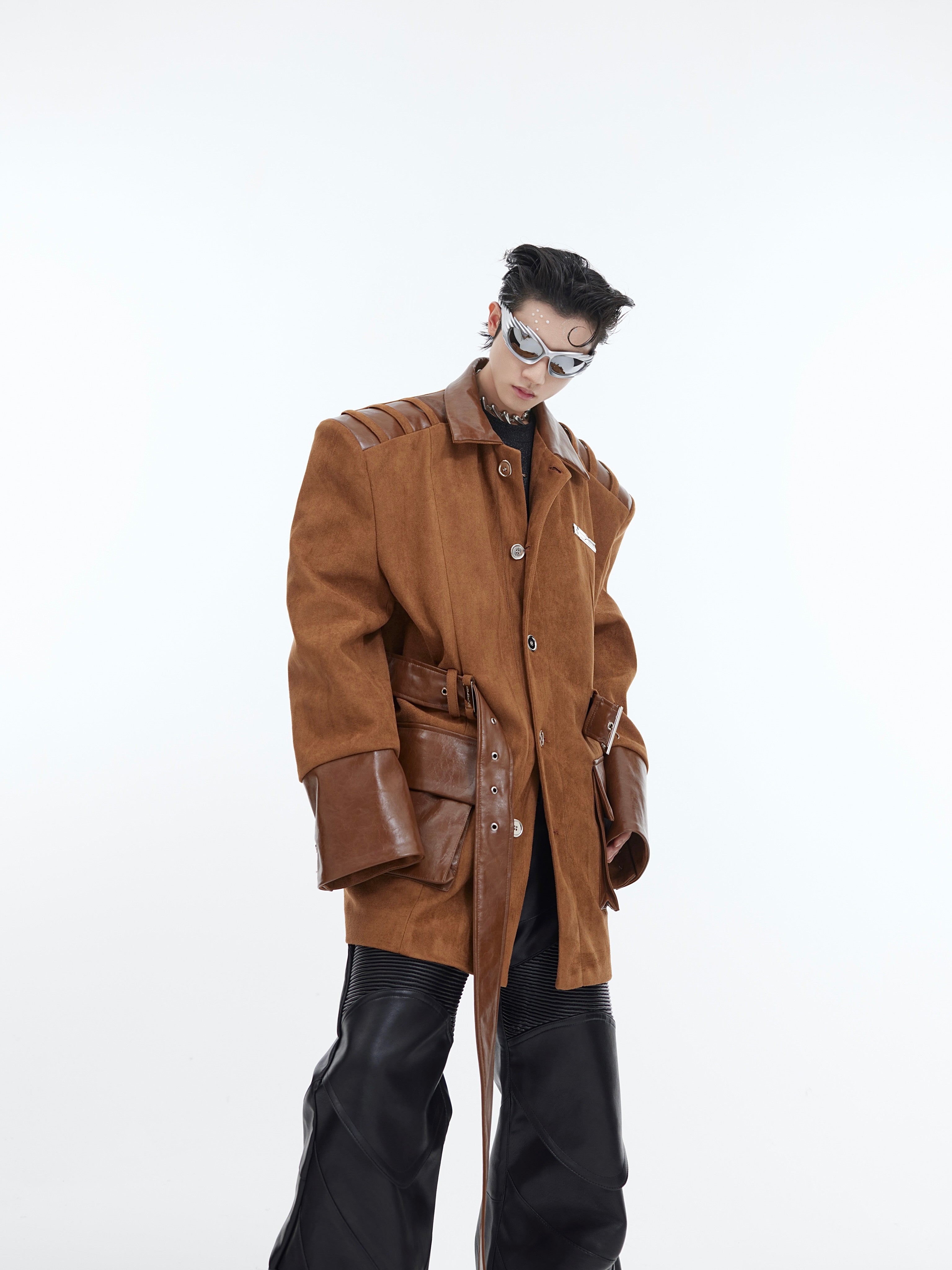 Deconstructed oversized blazer with suede panels and statement shoulder pads for bold streetwear looks
