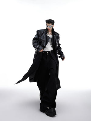 Deconstructed oversized long coat with unique double-layer patchwork design, perfect for avant-garde streetwear looks