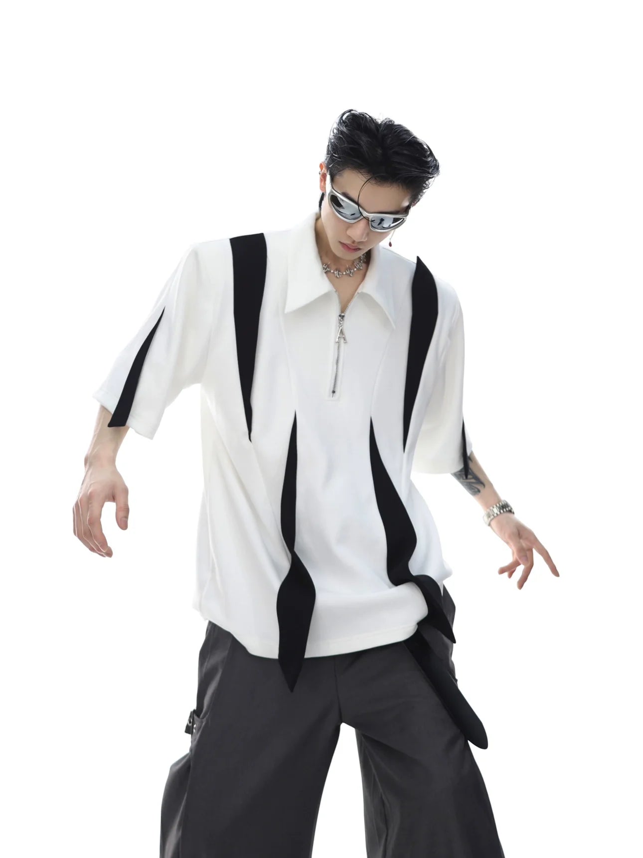 Deconstructed polo shirt with square neckline and metal zipper detail, showing front view of streetwear tee with color-block panels