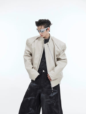 Front view of deconstructed PU biker jacket with double zip closure, showcasing asymmetrical design and streetwear aesthetic