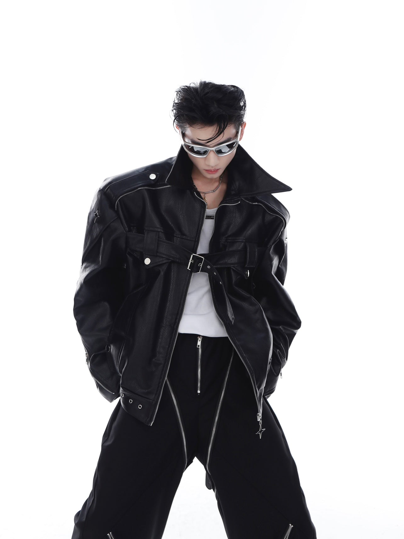 Men's deconstructed biker jacket with avant-garde 3D design and metal details, edgy streetwear essential