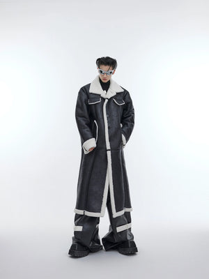 Deconstructed shearling long coat with unique patchwork detailing, showcasing avant-garde streetwear fashion