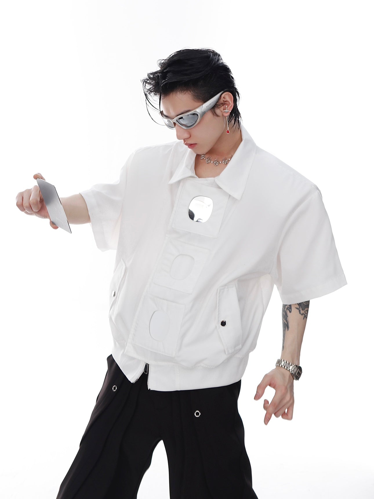 Oversized streetwear tee jacket with unique deconstructed shoulder pads and mirror accents