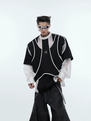 Deconstructed split hoodie with heavyweight metal trim detail, showcasing the drop shoulder design and urban streetwear aesthetic