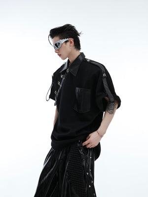 Back view of fashion-forward polo tee featuring structural metal accents and new Chinese design elements