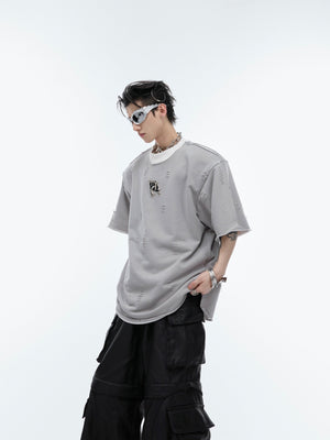 Front view of deconstructed lines minimalist t-shirt showing distressed details and urban streetwear aesthetic