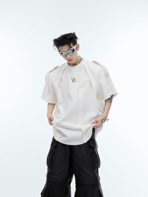 Deconstructed oversized streetwear tee with raw edge spliced straps and loose fit design