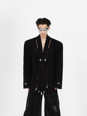 Deconstructed V-neck knit cardigan with avant-garde shoulder pads and metal accents, perfect for streetwear fashion