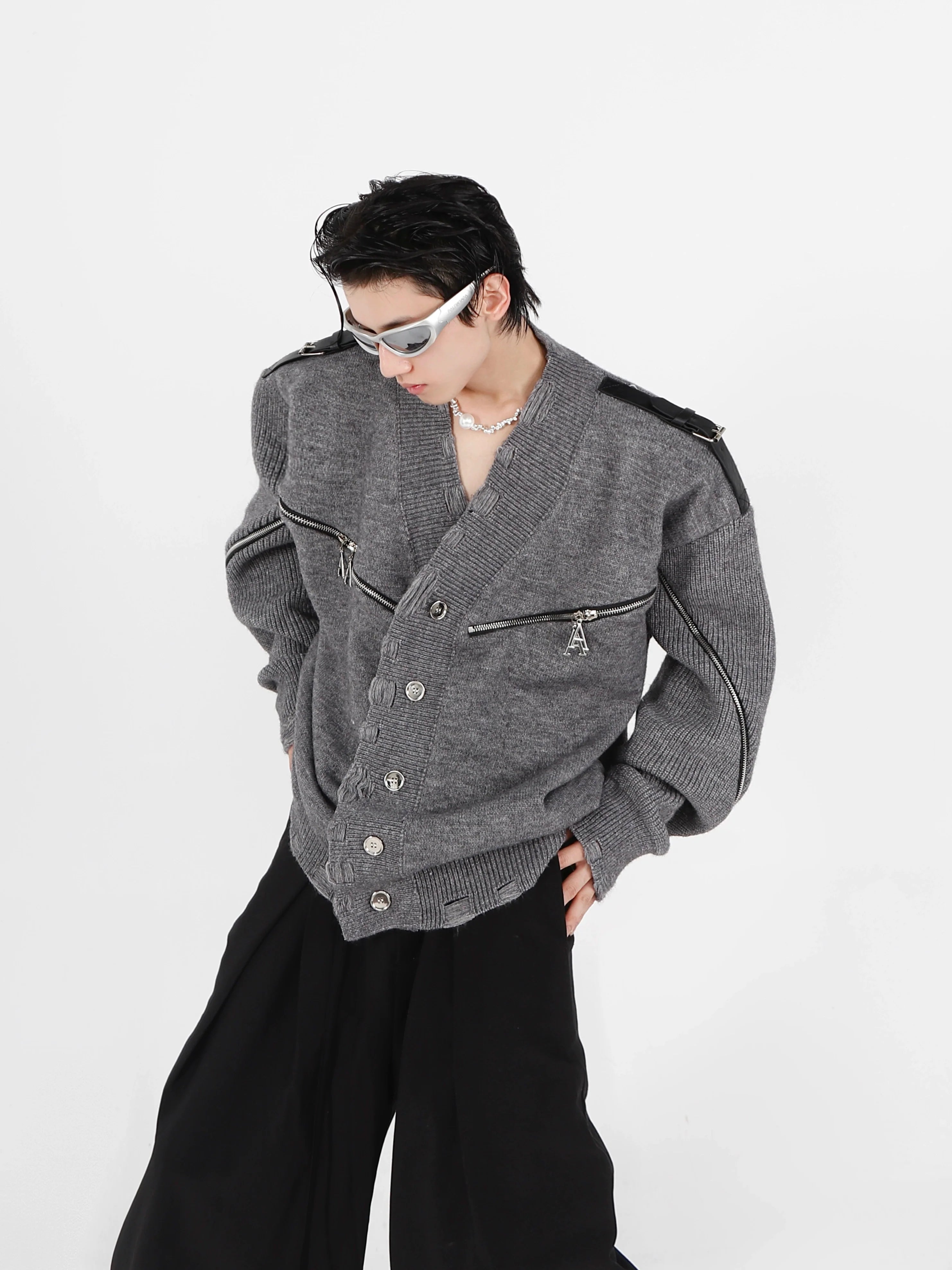 Deconstructed zip-up v-neck cardigan made from 100% premium cotton with distressed knit detailing and metal zipper