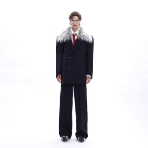 Model wearing wool-lapel blazer with removable faux fur collar for versatile styling