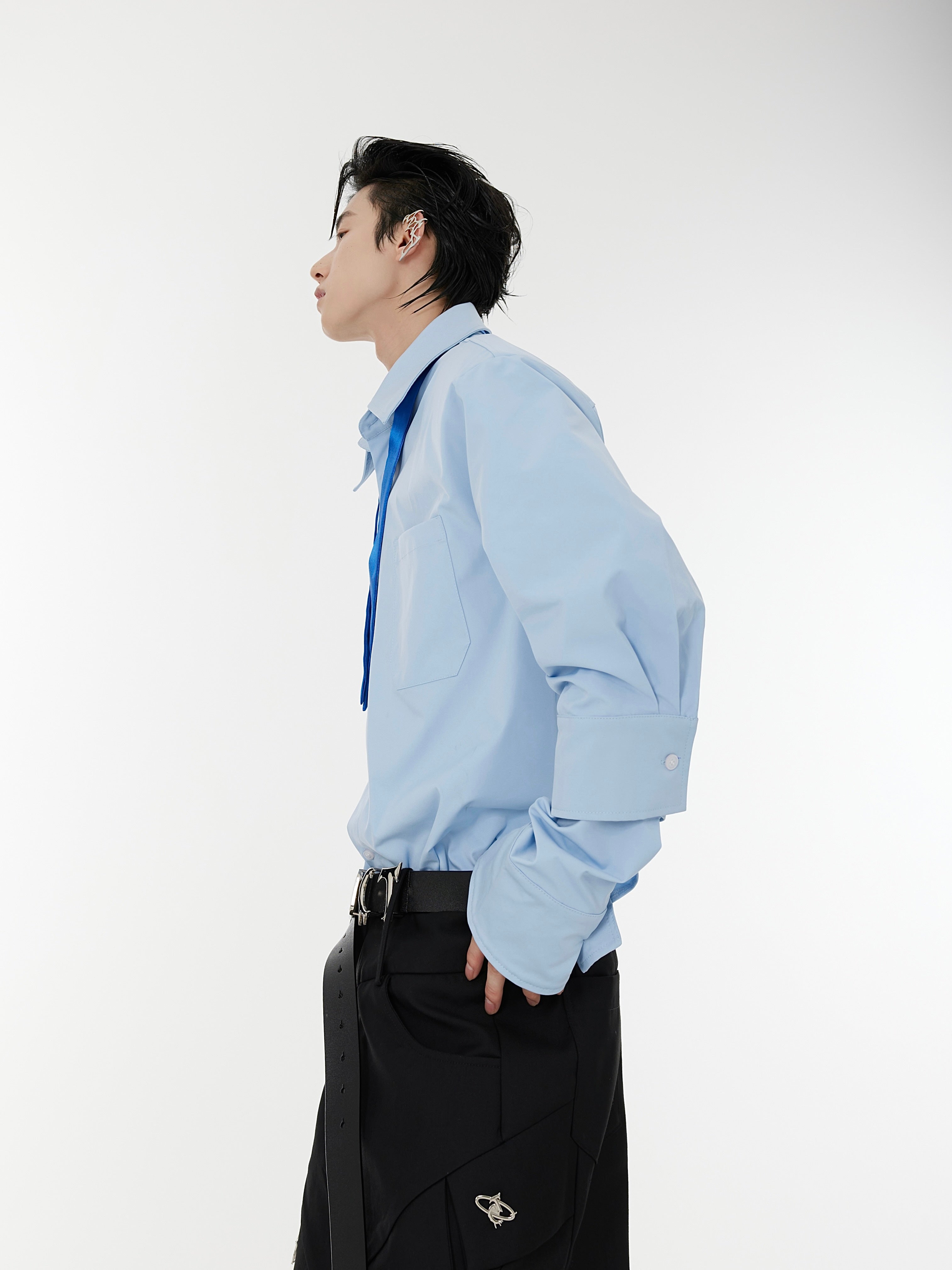 Premium dress shirt with detachable satin tie and statement double cuff sleeves for versatile styling