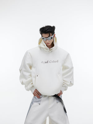 Close-up detail of the removable shoulder panel on this unique double-layer glitter hoodie