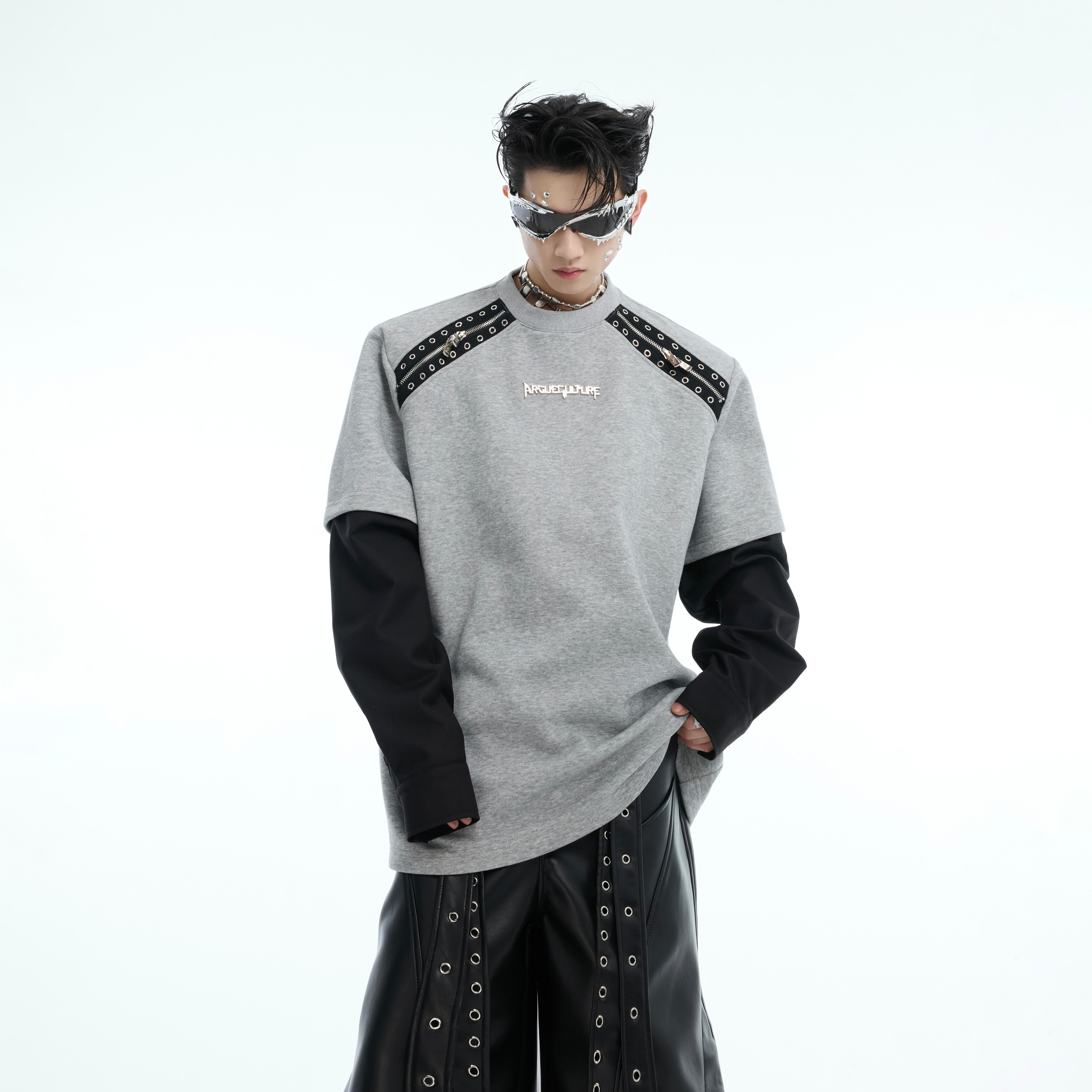 Close-up of the premium cotton-polyester blend fabric and striking color-block design on this urban streetwear top