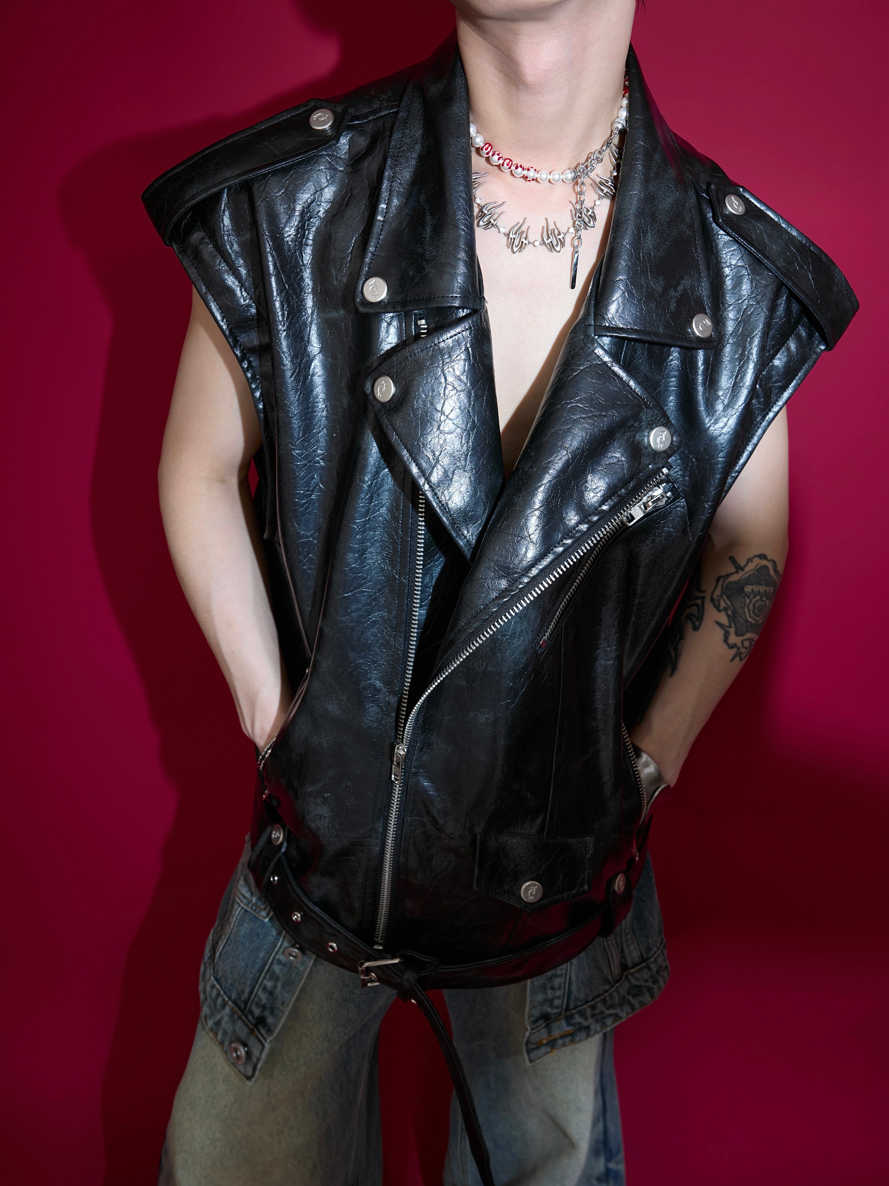Versatile leather vest shown with removable components for customizable streetwear looks