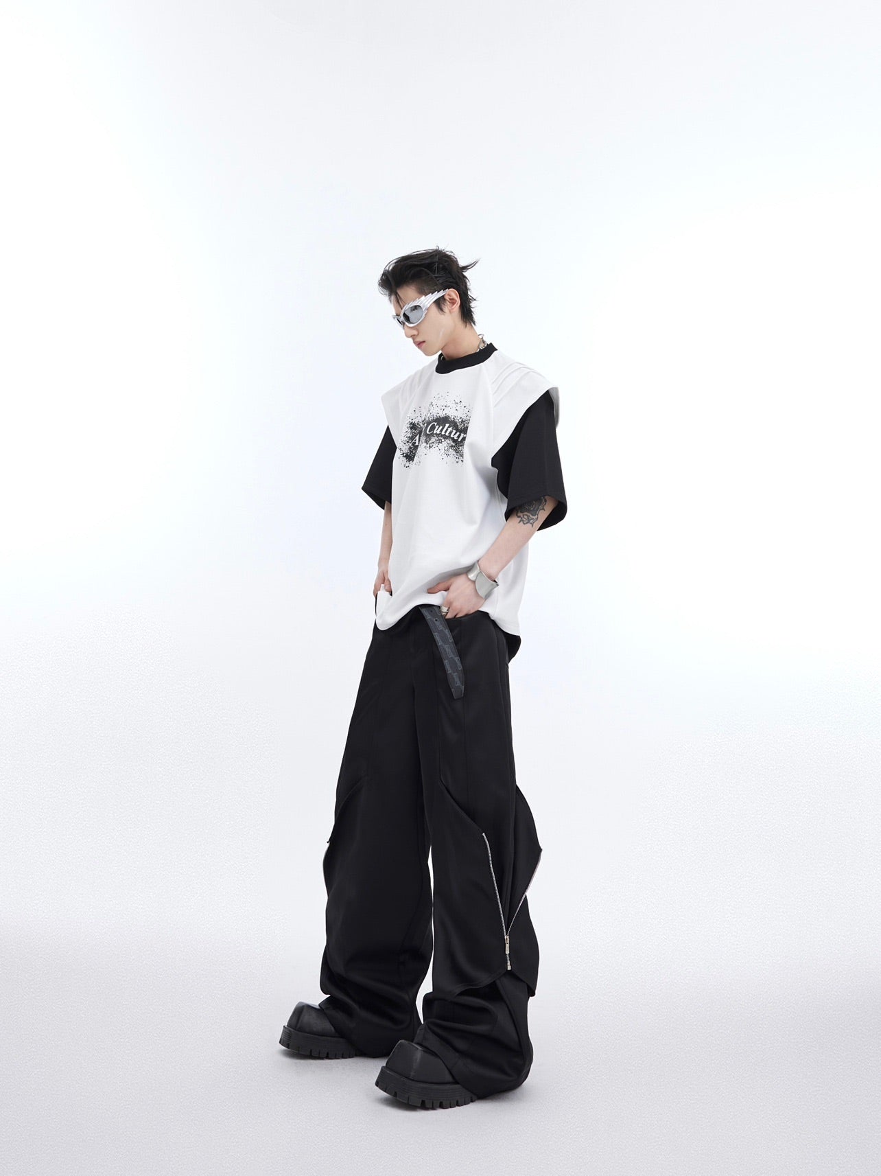 Detailed view of the distressed ink print on this urban style deconstructed graphic t-shirt