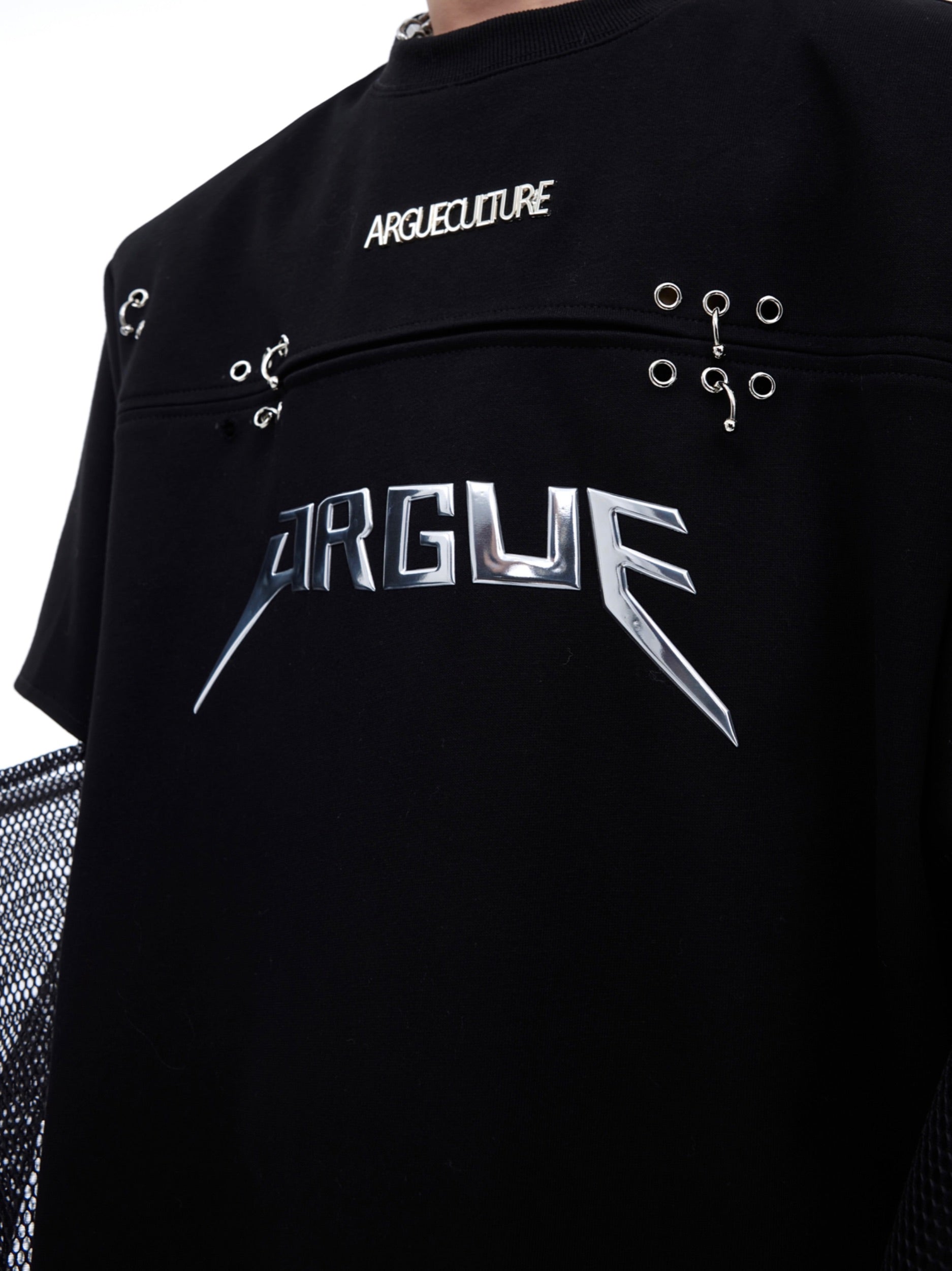 Close-up of the distressed mesh sleeve and unique deconstructed design elements on this premium streetwear tee