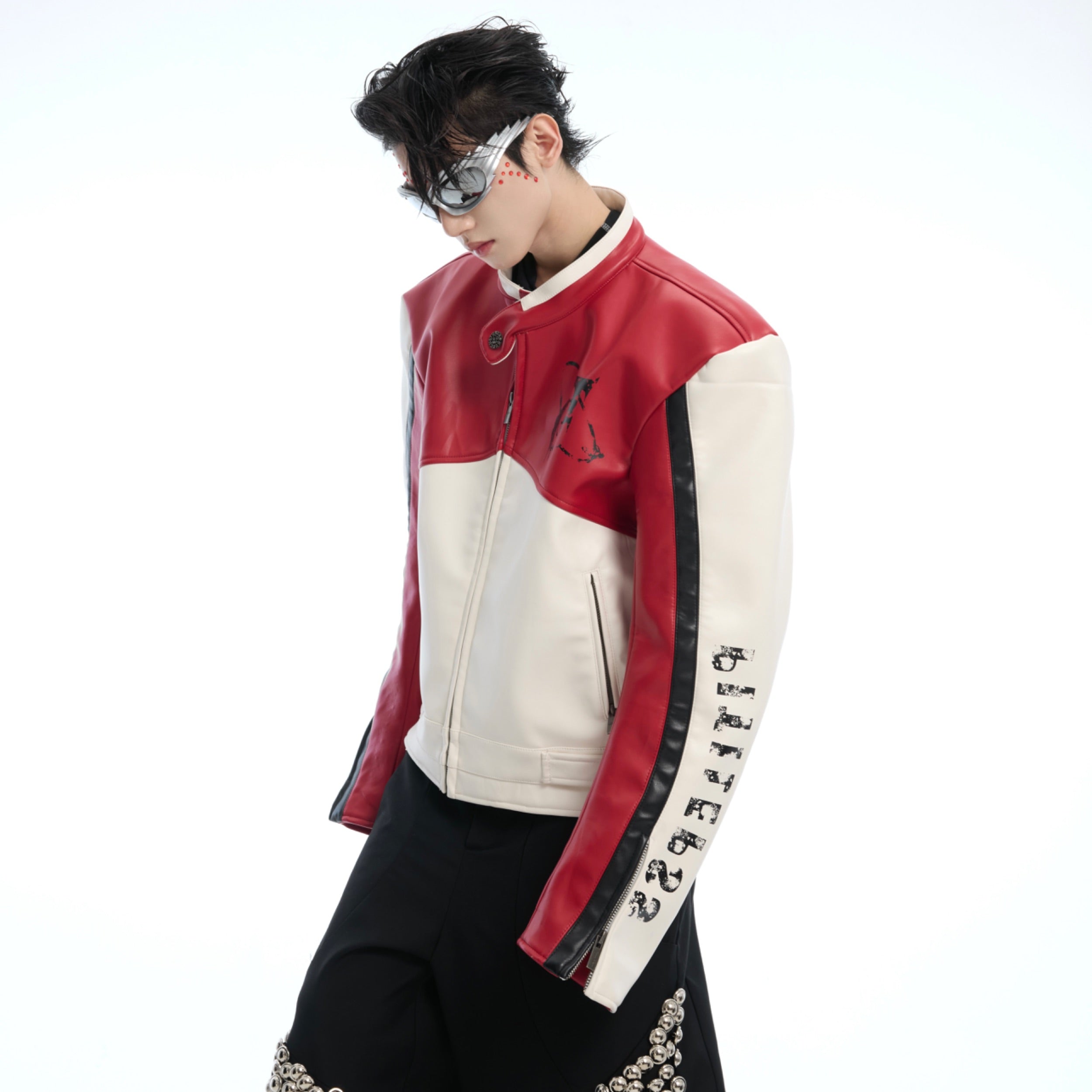 Back view of distressed PU leather jacket with urban streetwear style details