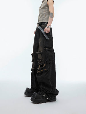 Front view of distressed straight-leg jeans with unique hand-painted details and multiple pockets, showcasing urban streetwear style