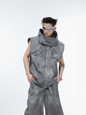 Stylish distressed vest featuring urban utility pockets and intentional destruction details