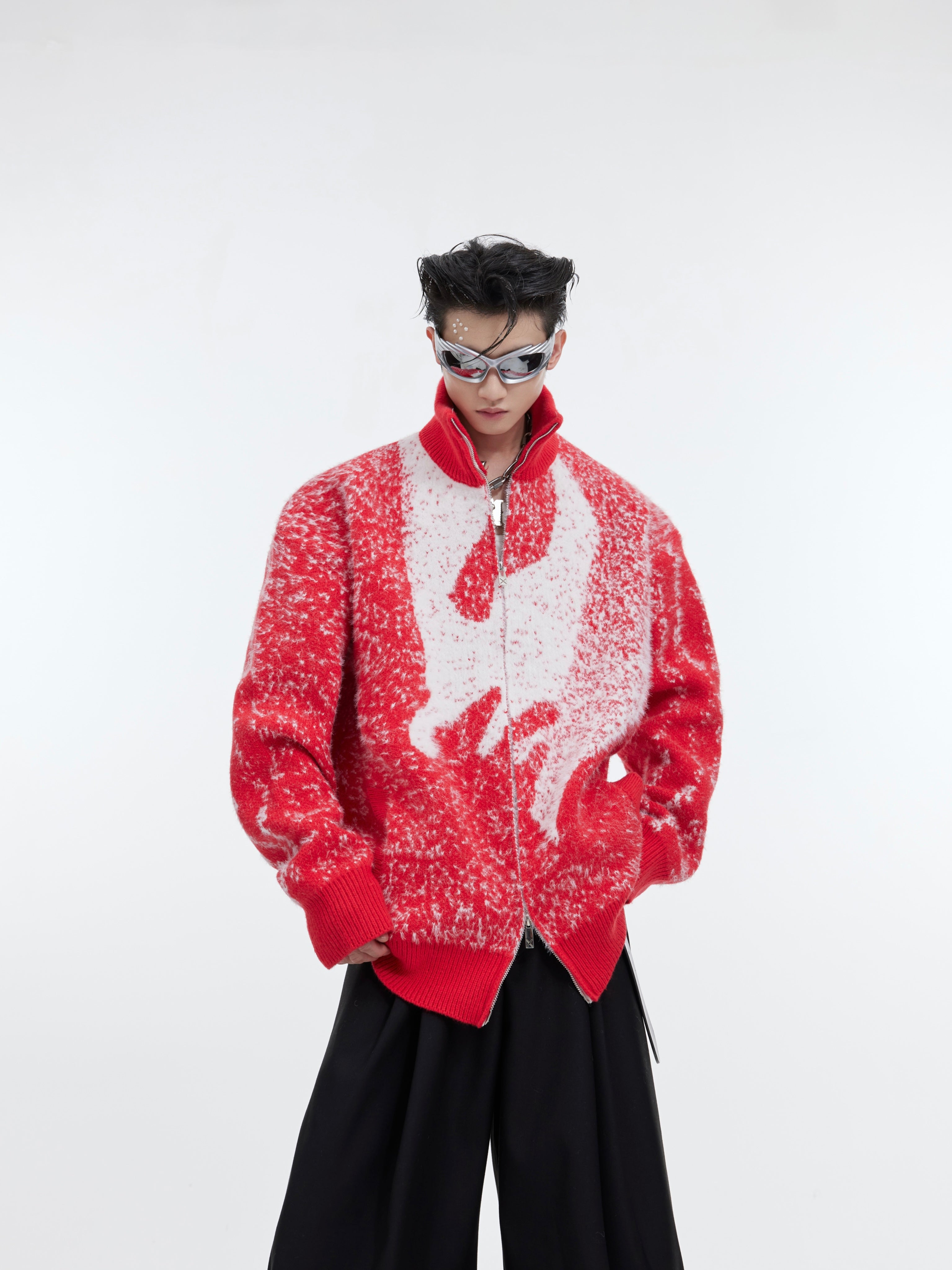 Trendy gradient knit sweater with fuzzy texture and dragon year design, front view showing oversized fit and turtleneck