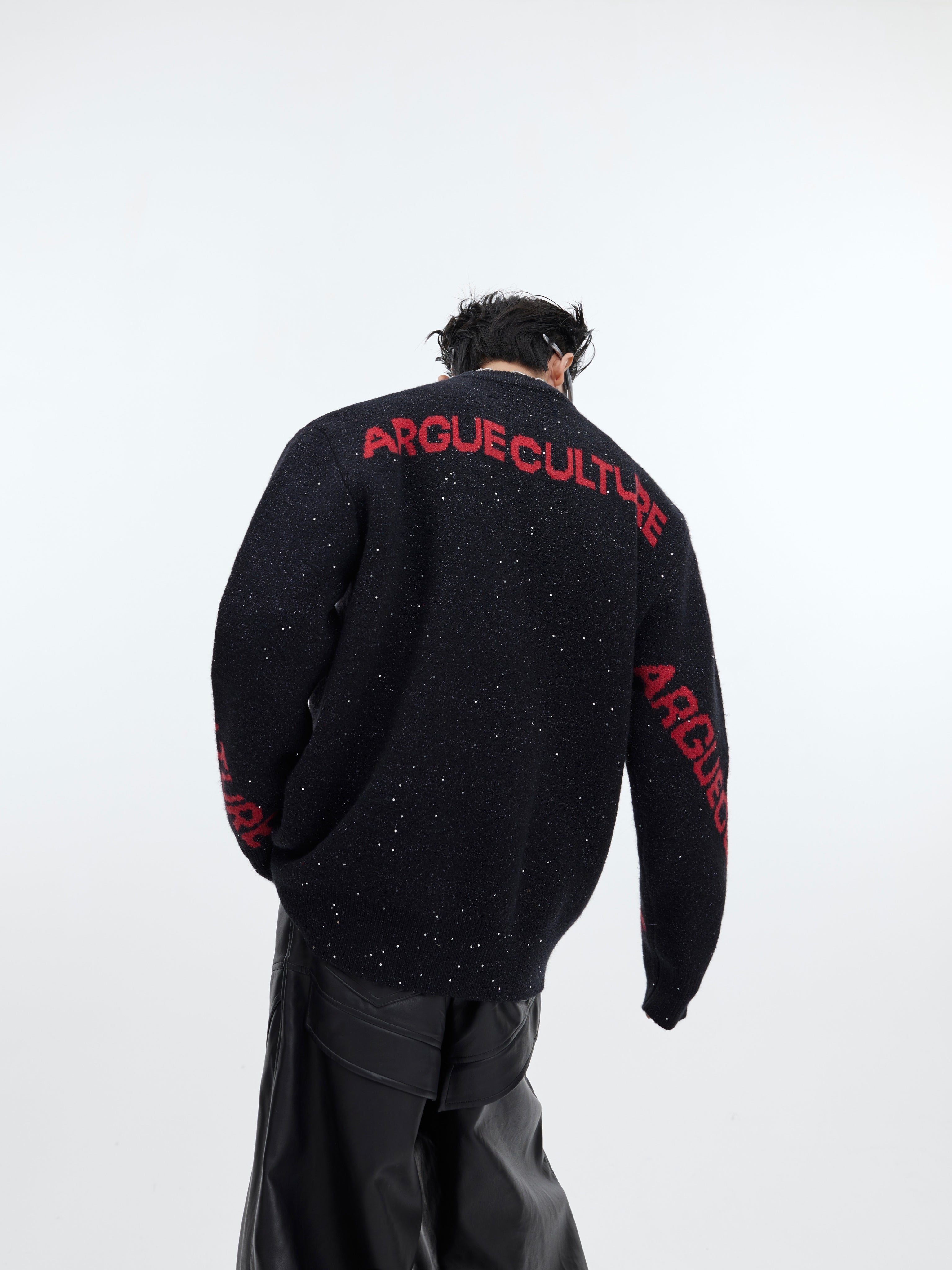 Lunar Year dragon sweater with chunky knit texture and sparkling glitter details for festive streetwear style